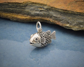 Sterling Silver Puffer Fish Charm, Sterling Silver Fish Charm, Ocean Charm, Beach Charm, Snorkeling Charm, Diving Charm, Scubba Diving Charm