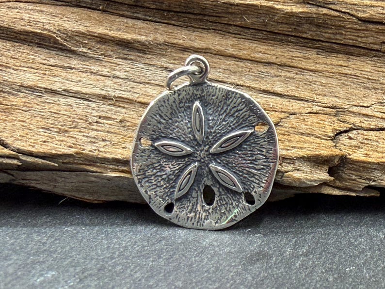 May include: A circular silver pendant shaped like a sand dollar, featuring a textured surface with a central five-petaled star pattern and small perforations along the edges. The pendant includes a small silver jump ring at the top for attachment.