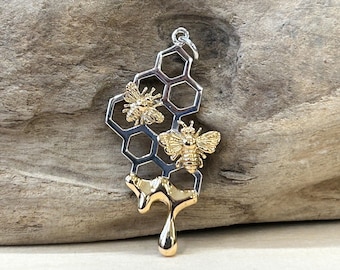 Mixed Metal Honeycomb Pendant with Dripping Honey, Honeycomb with Bronze Bee Charm, Bee Charm, Honeybee Charm, Bee Keeper Charm