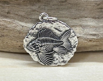 Sterling Silver Angler Fish Fossil, Fish Fossil Charm, Fossil Charm, Sterling Silver Charm, Ocean Charm, Beach Charm, Beach Pendant