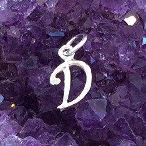 May include: A silver charm in the shape of the letter "D" with a loop for attaching to a necklace or bracelet. The charm is displayed against a background of purple crystals.
