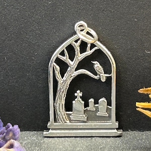 Sterling Silver Graveyard Charm, Raven Charm, Tombstone Charm, Spooky Charm, Halloween Charm, Halloween Jewelry, Graveyard Jewelry image 1