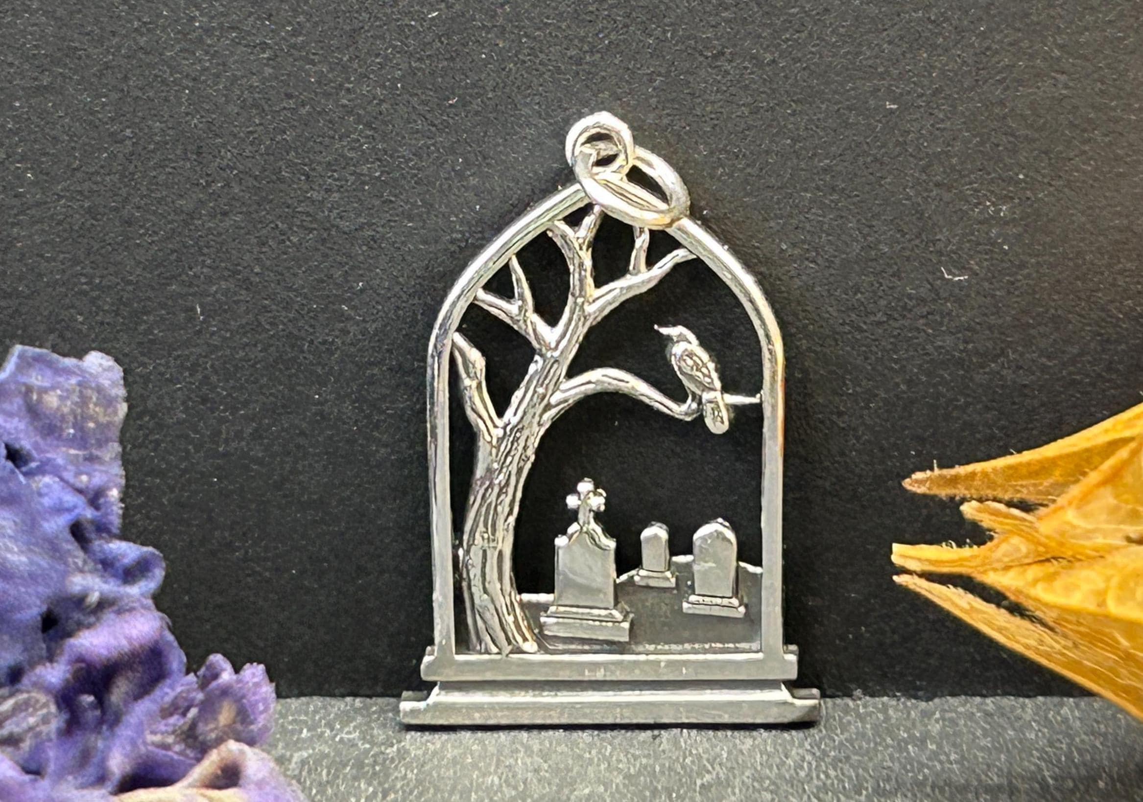 Sterling Silver Graveyard Charm, Raven Charm, Tombstone Charm, Spooky Charm, Halloween Charm, Halloween Jewelry, Graveyard Jewelry