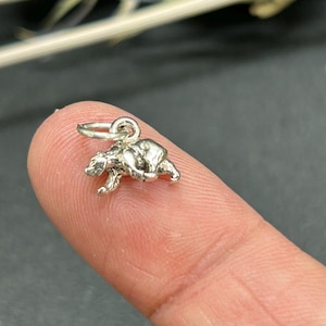 May include: A small, silver-colored bear charm with a detailed design. The bear is shown in a crawling position, with its paws and body clearly defined. The charm has a small loop for attaching to a necklace or bracelet.