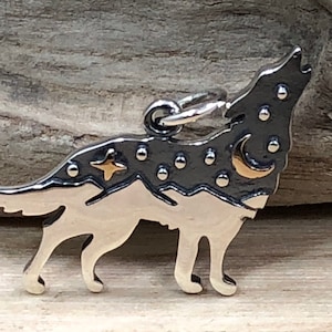 Wolf Charm, Wolf Charm with Mountains and Bronze Moon, Sterling Silver Wolf With Bronze Star Charm, Howling Wolf Charm