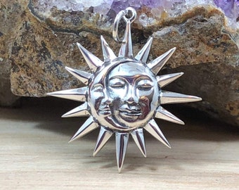 Sterling Silver Moon and Sun Pendant with Faces, Moon Charm, Moon Pendant, Celestial Charm, Sterling Silver, Necklace Charm