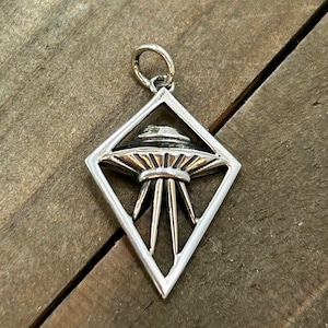 Flying Saucer Charm with Bronze Beams, Alien Charm, Extraterrestrial Charm, Space Charm, Outer Space Charm, Sterling Silver, Bronze