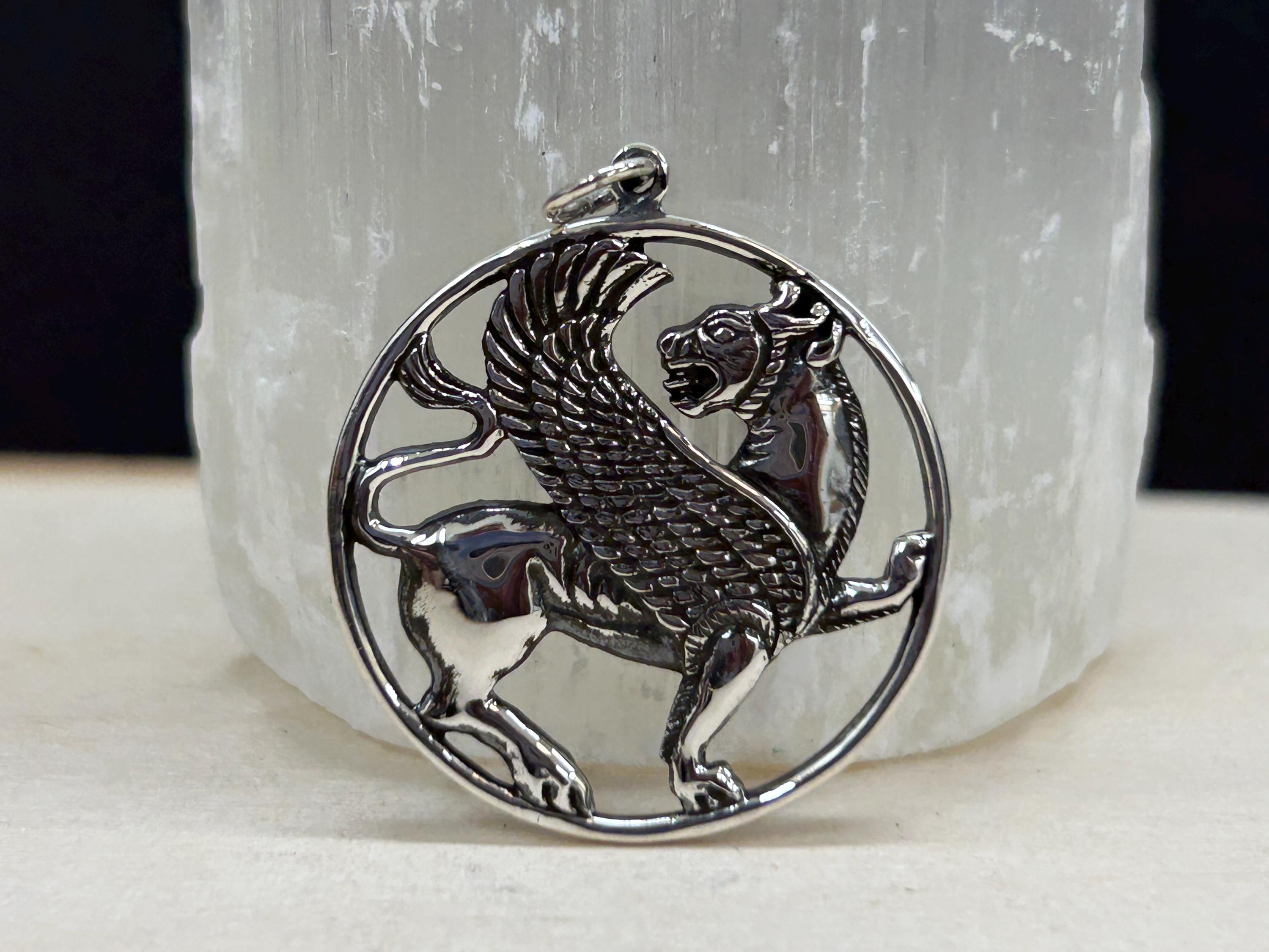 Sterling Silver Ancient Persian Winged Lion Pendant, Winged