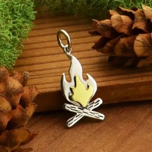 Camping Charm, Campfire Scene Charm, Campground Charm, Outdoors Charm, Nature Charm, Sterling Silver, Silver and Bronze