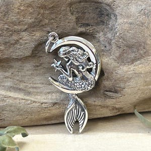 Sterling Silver Mermaid on the Moon Pendant, Mermaid Charm, Mermaid Pendant, Princess Charm, Sterling Silver Charm, Ocean Charm, Beach Charm