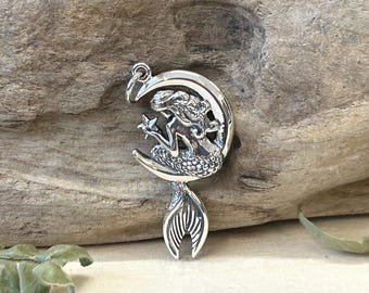 Sterling Silver Mermaid on the Moon Pendant, Mermaid Charm, Mermaid Pendant, Princess Charm, Sterling Silver Charm, Ocean Charm, Beach Charm