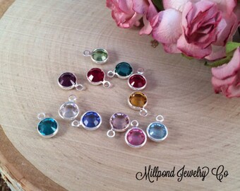 Birthstone Charms, Connector Charms, Bezel Birthstone Charm, Crystal Birthstones, Silver Plated Charms, 5 Pieces