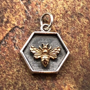 Bee Charm, Sterling Silver Hexagon Charm with Bronze Bee, Honeycomb Charm, Honeybee Charm, Bee Keeper Charm, Environment Charm, Honey Charm