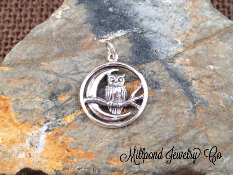 Owl Charm, Owl and Moon Charm, Sterling Silver Owl and Moon Charm, Mo…