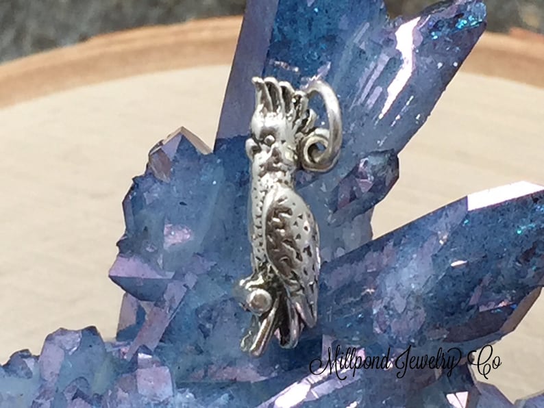 May include: A silver-colored charm in the shape of a cockatoo, perched on a branch. The bird has detailed feather and facial features. The charm is set against a backdrop of blue crystals and a wooden surface.