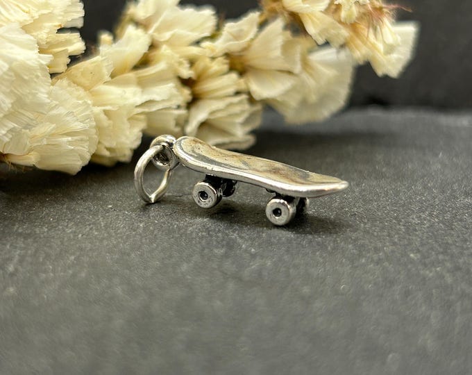 Sterling Silver Skateboard Pendant, Skateboarder Charm, Sterling Silver Skateboarder Charm, Sports Charm, Sterling Silver