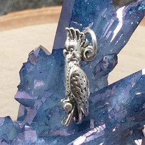 May include: A silver-colored charm in the shape of a cockatoo bird. The bird is perched on a branch and has detailed feather and head features. The charm is displayed against a background of blue crystals.