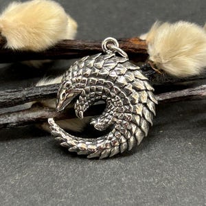 May include: A detailed silver pendant in the shape of a pangolin, featuring textured scales and a curled body. The pendant is suspended from a small loop. The background includes brown twigs and fluffy, light-colored buds, set against a dark surface.