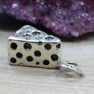 May include: A silver-colored charm in the shape of a cheese wedge, featuring numerous round holes. The charm has a loop for attaching to a bracelet or necklace. The cheese wedge is a fun, whimsical design.