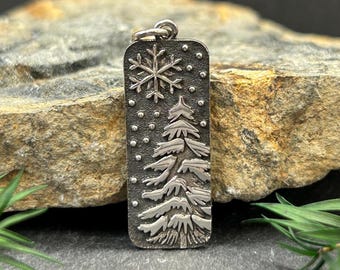 Sterling Silver Snowy Tree and Snowflake Pendant, Sterling Silver Evergreen Charm, Evergreen Pendant, Forest Charm, Camping Charm