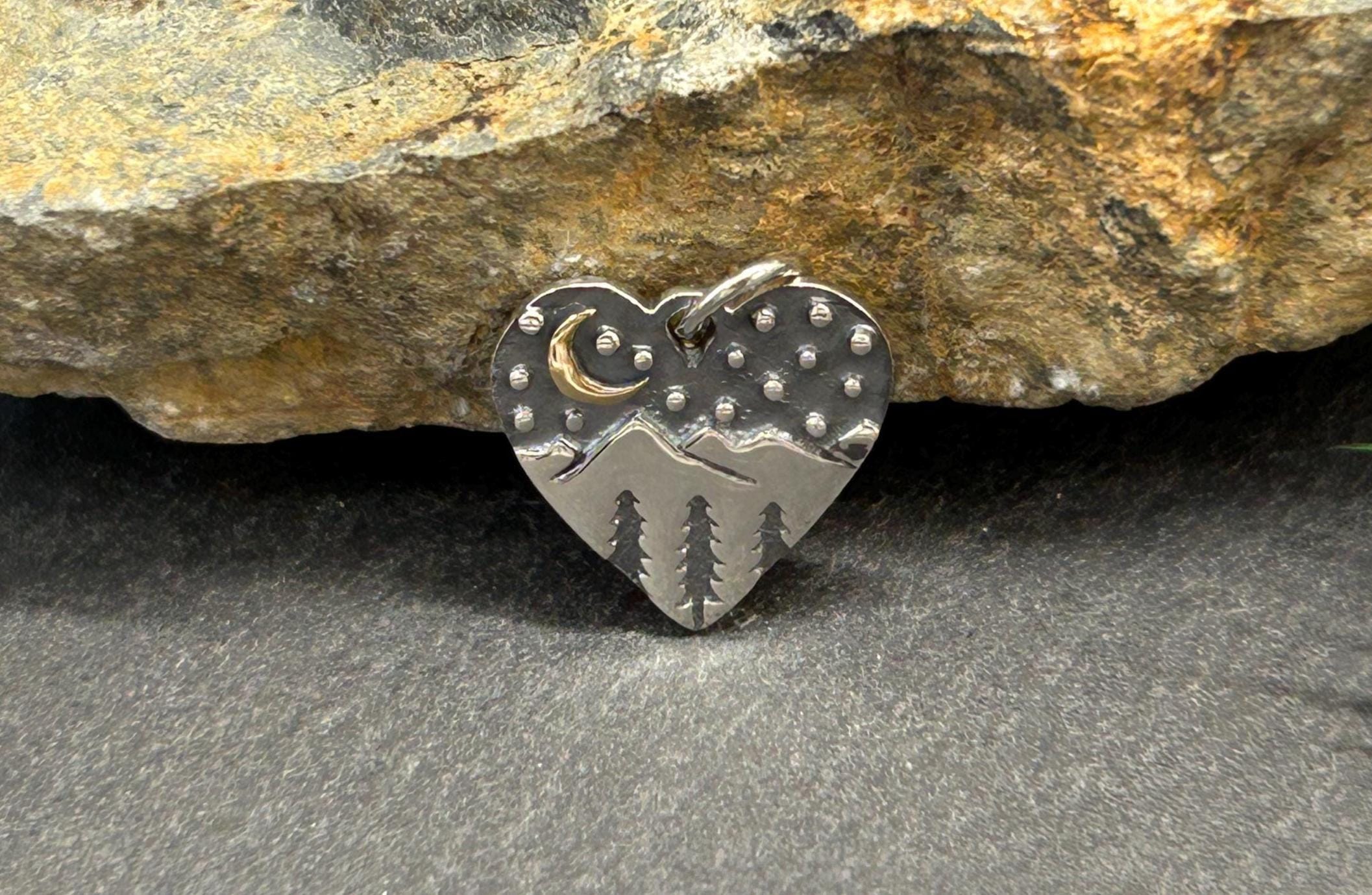 Sterling Silver Mountain Charm with Bronze Moon, Sterling Silver Heart Charm with Mountains and Moon, Mountain Charm, Outdoors Charm