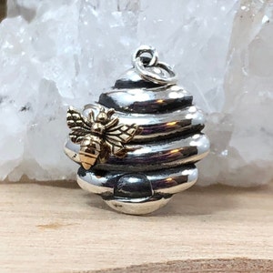 Sterling Silver Beehive Charm with Bronze Bee, Bee Charm, Bee Hive Pendant, Honeybee Charm, Bee Keeper Charm, Environment Charm