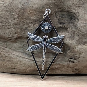 Dragonfly Charm, Sterling Silver Dragonfly Pendant in Diamond Frame, Sterling Silver Dragonfly Charm,  Realistic Dragonfly Charm