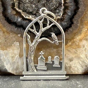Sterling Silver Graveyard Charm, Raven Charm, Tombstone Charm, Spooky Charm, Halloween Charm, Halloween Jewelry, Graveyard Jewelry image 4