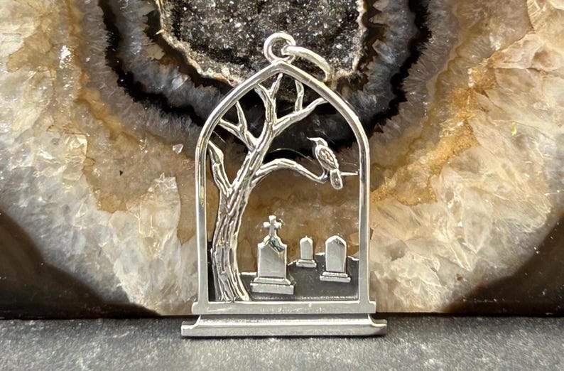 Sterling Silver Graveyard Charm, Raven Charm, Tombstone Charm, Spooky Charm, Halloween Charm, Halloween Jewelry, Graveyard Jewelry image 4