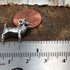 Op de afbeelding: Een kleine, zilverkleurige Chihuahua-hondenbedel. De bedel is gedetailleerd met zichtbare poten, oren en staart. Een cent is naast de bedel voor maatvergelijking. De bedel is ongeveer 2,5 cm lang.