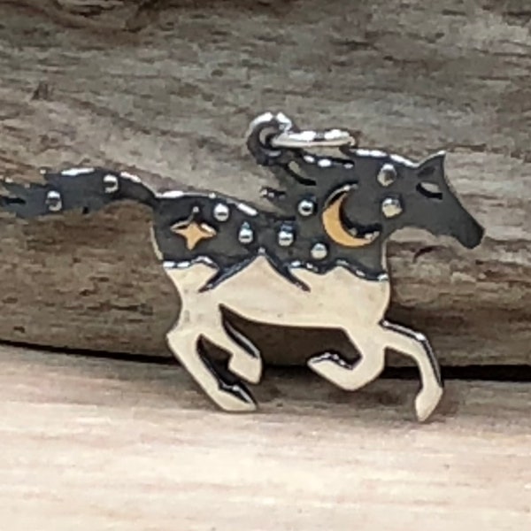 Silver Horse Charm with Mountains and Bronze Moon, Sterling Silver Horse Charm, Stallion Charm, Animal Lover Charm, Animal Charm