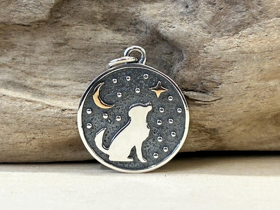 Sterling Silver Gazing Dog Charm with Bronze Star and Moon, Silhouette Dog Charm, Dog Charm, Animal Lover Charm, Animal Charm