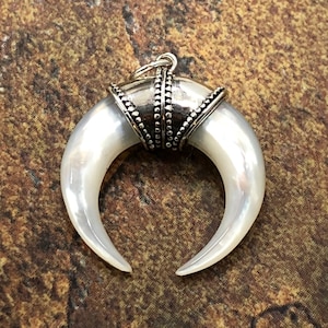 Hand Carved Mother of Pearl Double Horn Pendant, Sterling Silver Pendant, Horn Pendant, Mother of Pearl Horn Charm, Talisman Jewelry