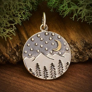 Mountain Charm with Bronze Moon, Mountain Charm, Outdoors Charm, Sterling Silver Charm, Sterling Silver Pendant, Mountain and Trees Charm
