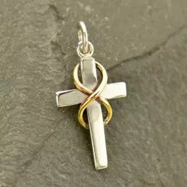 Cross Charm, Cross with Infinity Symbol, Sterling Silver Cross Charm, Religious Charm, Christian Charm, Christian Pendant, PS01619