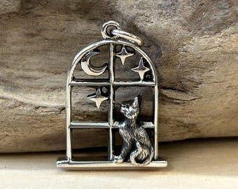 Sterling Silver Cat in the Window Charm, Kitten Charm, Kitty Charm, Cat Charm, Sterling Silver Cat Charm, Animal Lover Charm, Animal Charm