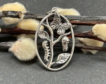 Sterling Silver Butterfly Metamorphosis Pendant, Butterfly Charm, Caterpillar Charm, Chrsyalis Charm