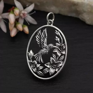 Sterling Silver Flowers and Hummingbird Pendant, Hummingbird Charm, Hummingbird Pendant, Sterling Silver Charm, Floral Charm, Bird Charm