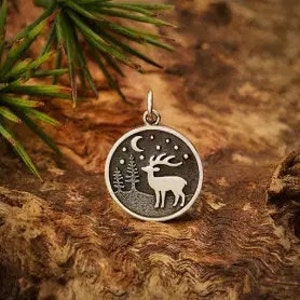 Sterling Silver Reindeer Charm with Moon and Trees, Deer Charm, Buck Charm, Deer Pendant, Sterling Silver Charms, Animal Charm