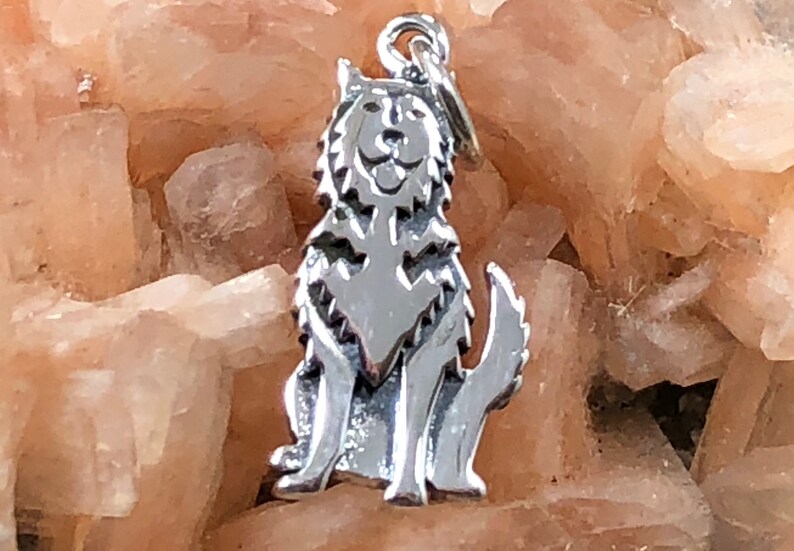 May include: A silver charm in the shape of a wolf, sitting with its head tilted up and its mouth slightly open. The charm is detailed with fur and has a loop at the top for attaching to a necklace or bracelet.