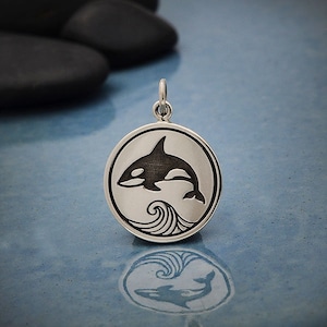 Sterling Silver Killer Whale Charm, Whale and Wave Charm, Beach Charm, Sea Life Charm, Ocean Charm, Beach Pendant