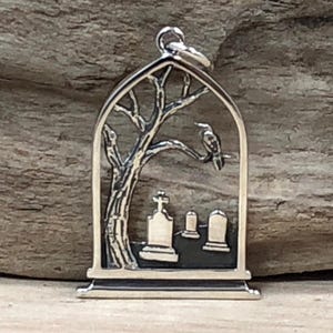 Sterling Silver Graveyard Charm, Raven Charm, Tombstone Charm, Spooky Charm, Halloween Charm, Halloween Jewelry, Graveyard Jewelry image 3