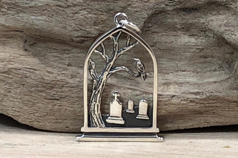 Sterling Silver Graveyard Charm, Raven Charm, Tombstone Charm, Spooky Charm, Halloween Charm, Halloween Jewelry, Graveyard Jewelry image 3