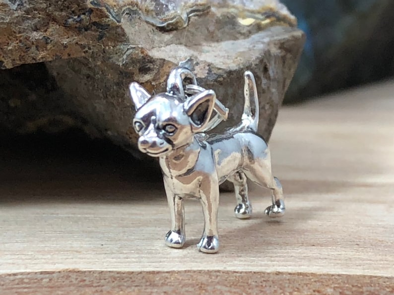 Op de afbeelding: Een zilverkleurige Chihuahua hondenbedel. De bedel is gedetailleerd met zichtbare oren, ogen en een staart. De hond staat op alle vier de poten. De bedel is ontworpen als hanger of bedel voor een armband.