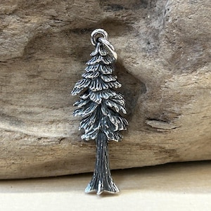May include: A detailed silver-colored pendant in the shape of a conifer tree. The pendant has a textured surface, with visible details of the needles and bark. It is designed with a loop at the top for hanging.
