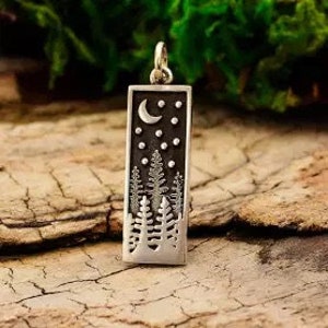 Sterling Silver Rectangle Pine Tree Charm with Moon, Sterling Silver Pine Tree Charm with Moon, Camping Charm, Forest Charm, Outdoors Charm