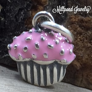 Cupcake Charm, Birthday Cupcake Charm, Enamel Cupcake Charm, Sterling Silver Charm, PS3143