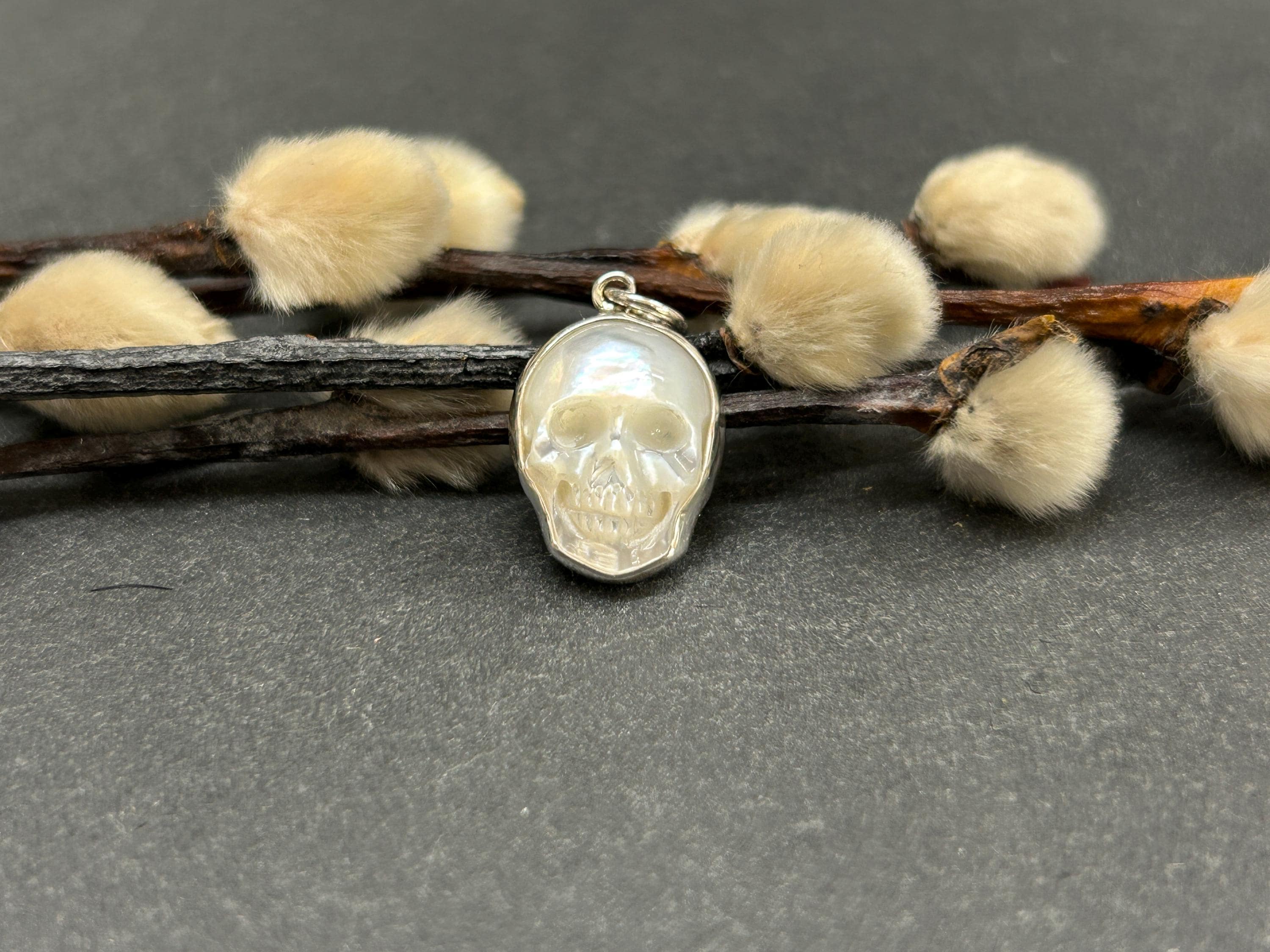 Skull Charm, Mother of Pearl Skull Pendant, Skull Pendant, Sterling Silver Skull Charm, Bones, Skeletons, Smaller Size