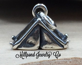 Tent Charm, Camping Charm, Campfire Scene Charm, Campground Charm, Outdoors Charm, Nature Charm, Sterling Silver