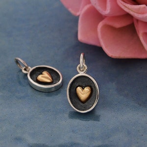 Sterling Silver Oxidized Charm with Bronze Heart, Sterling Silver Shadow Box Charm with Bronze Heart, Small Heart Charm